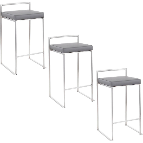 Fuji 26" Stackable Counter Stool in Brushed Stainless Steel & Grey Leatherette (Set of 3)